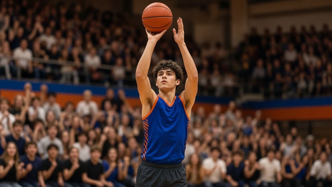 Athlete releases a jump shot in a packed gymnasium