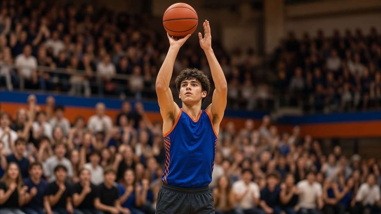 Face-on jump shot in a packed gymnasium, ball near the top of the frame