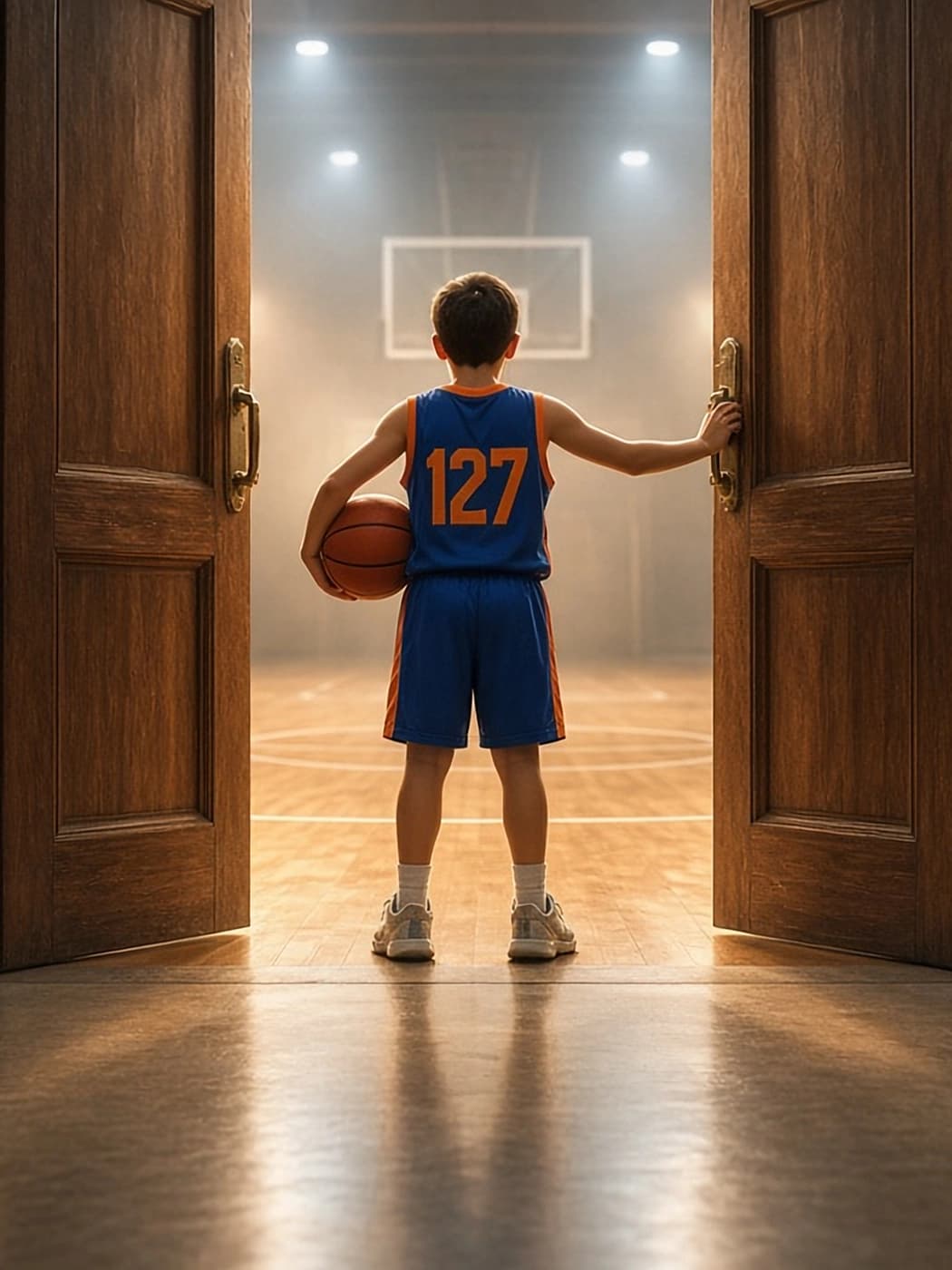 Youth athlete in a 127 jersey opens gym doors toward a lit basketball court, ready to play the whole game.