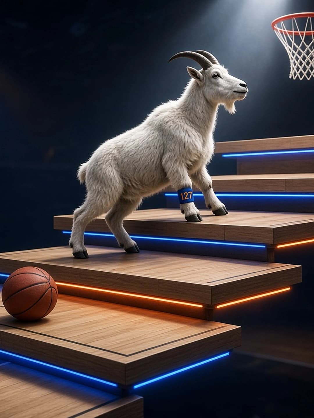White mountain goat wearing a blue 127 wristband climbing glowing wooden steps toward a basketball hoop, with a basketball on a lower step