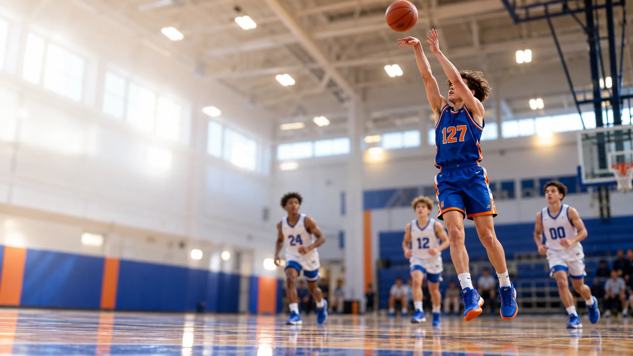 Youth basketball player in a blue 127 jersey drives into a jump shot in a bright gym